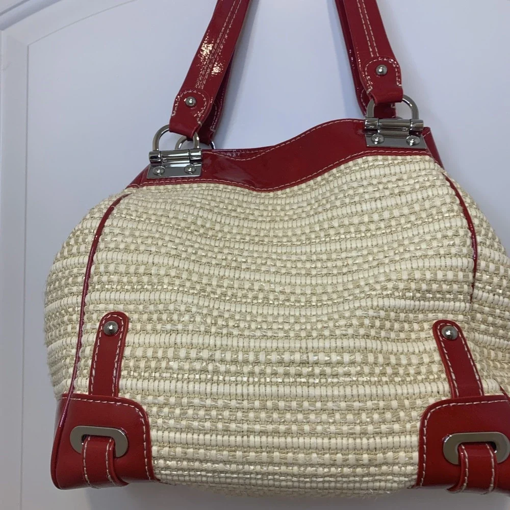 Rafe New York Handbag Rattan Straw With Red Pantent Trim Dust Bag